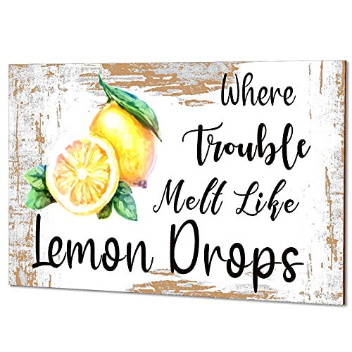 Image of Jetec Lemons Wooden Sign Where Trouble Like Lemon Drops Wooden Sign Farmhouse Rustic Wall Sign Retro Signs Decor for Home Bar Coffee Wall Decor Presents