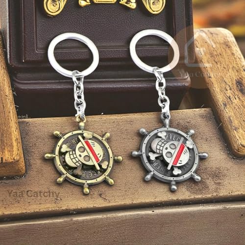 Image of One Piece Anima Manga Pirate Flag Logo Wheel Rotating Heavy Metal Keychain,|Anime Key ring| Perfect Keychain For Anime Lover|car Bikes Gold & Grey Combo pack