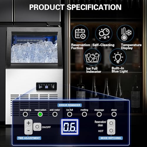 Image of 120LBS /24H Commercial Ice Maker Machine, Freestanding Stainless Steel with Adjustable Ice Thickness & LCD Control,40 Cubes /Cycle,Self-Cleaning,Quiet Operation for Home,Restaurant,Bar