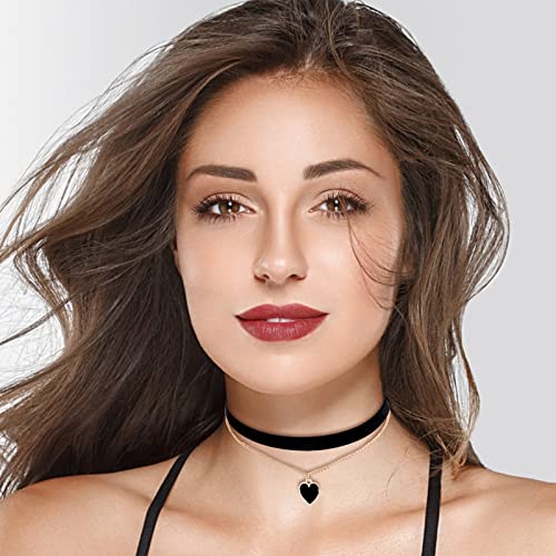 Yolev Choker Halsband Schwarz Samt Halskette Klassische Samt Herz Halskette Geschichtet Verstellbare Halsband Damen Schmuck für Mädchen Gothic Choker Kette Schwarz Damen 90er Deko