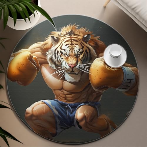 Tapis rond dessin animé tigre de boxe doux lavable 140cm