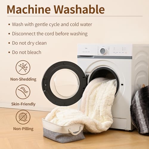 Image of Bearhug Heated Blanket King Size, 100 inchx90 inch Dual Control Electric Blanket with 10 Heat Levels & 1-12H Auto Off, White Floral Faux Fur & Sherpa Bed Warmer for Couples, ETL Certified, Machine Washable