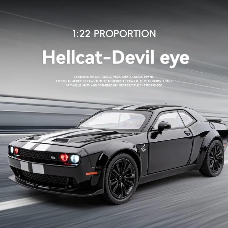 Image of Alokik Enterprise 1:24 Dodge Challenger SRT Hellcat-Devil Eye Diecast Car Models Toys Metal Alloy 2 Openable Door and Sound & Light, Pull Back Toys Gifts for Boys Best Gift Car (Color As Per Stock)