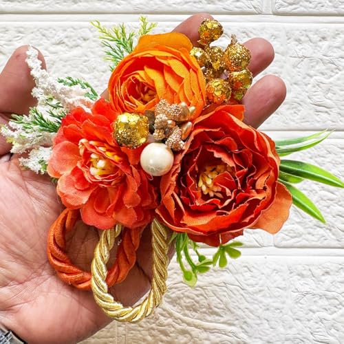 Image of ADIKALA Handmade Artificial Big Peonies 3 Flower Bunch for Trousseau Packing, Ready to use Flower Brooch Hamper for Decoration, Gift Wrapping Flowers (6, Orange)