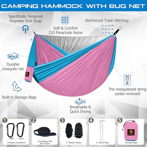 Image of Small Hammock, Camping Hammock with Mosquito Net, Lightweight Nylon Portable Hammock with 10ft Tree Straps,Hammocks for Travel Hiking Backpacking Beach Patio
