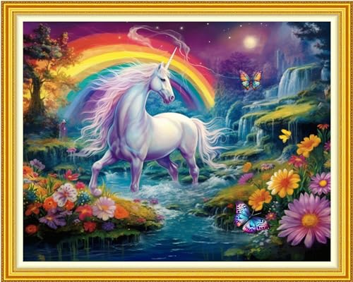 Image of Funxvoot Stamped Cross Stitch Kits Beginners Full Range of Embroidery Kits for Adults 11CT Embroidery Patterns Needlepoint Kits Printed Cross Stitch Kits-Rainbow Unicorn 16x20 inch