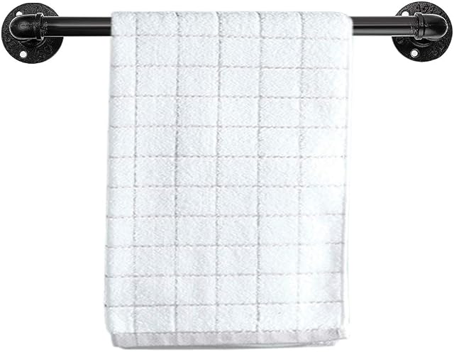 BSTKEY Vintage Industrial Pipe Towel Holder - Wall Mounted Retro Metal Towel Rack Bar Hanging Bathrobe Holder Hanger, Bathroom Accessories, Black