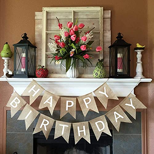Happy Birthday Burlap Banner for Birthday Decorations Birthday Party Supplies (White Alphabet) 041WE