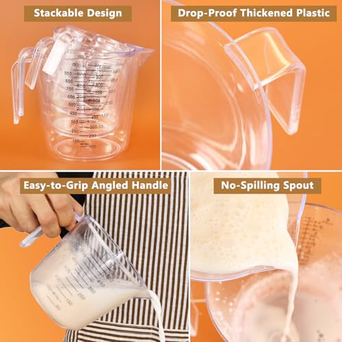 Measuring Jug Set of 4 for Kitchen, Lychico BPA Free Liquid Nesting Stackable Measuring Cups with Spout and Handle, Plastic Jugs 150ML / 300ML / 600ML / 1000ML with Ml Oz Cup Measurement - Image 4