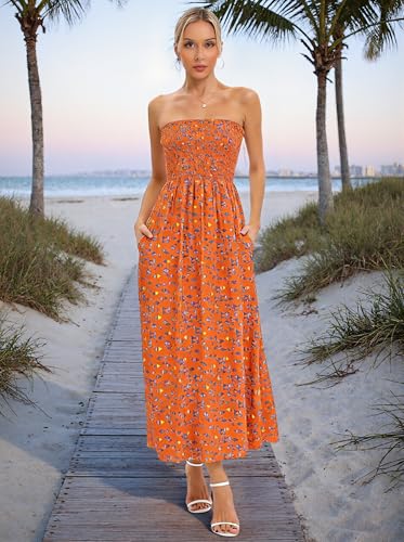 Image of Aigeman Women Strapless Tube Maxi Dress Flowy Swing Long Beach Sundress Sleeveless Boho Summer Dress with Pokets 330