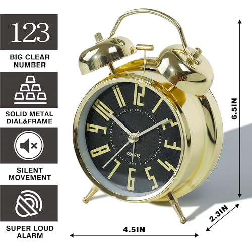 Image of AYRELY Super Loud Alarm Clock for Heavy Sleepers Adults,Twin Bell Retro 4 Inch Silent Non-Ticking Quartz with Backlight, Metal dial, Alarm Clocks for Bedrooms Bedside(Gold- Black)