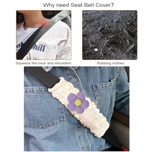 Image of Car Seat Belt Cover Pad, 2 Pack Flower Car Accessorie Seatbelt Covers Cushion Neck Shoulder Strap Protector Universal Seat Belt Cover for Adults and Kids (Purple and Yellow)