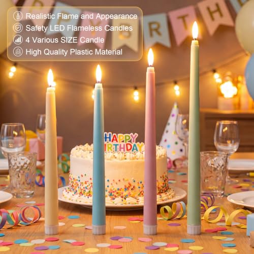 Image of Rossesay 48 Pcs Flameless LED Taper Candles Battery Operated Candles 4 Sizes of 8.5'', 9.65'', 10.83'', 12.8'' Flameless Candlesticks Flickering for Halloween Christmas Church Wedding(Macaron)