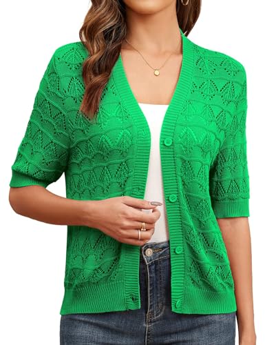 Genhoo Cropped Cardigan Sweaters for Women Short Sleeve Crochet Knit Bolero Shrug V-Neck Button up Hollowed-Out Knit Sweater