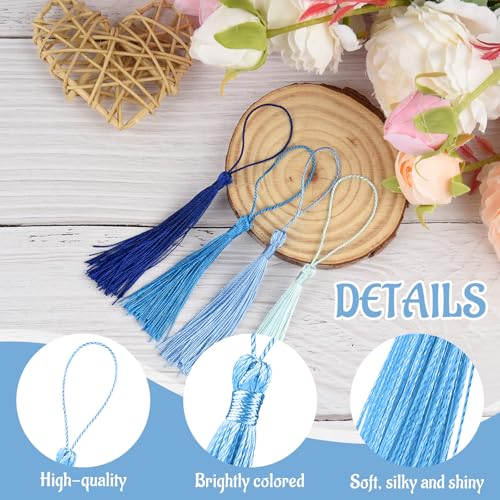 Image of 100 Pcs Bookmark Tassels Bulk Blue Series Soft Craft Silky Handmade Mini Tassels for Jewelry Making with Loops for DIY Craft Accessory Dress Decoration