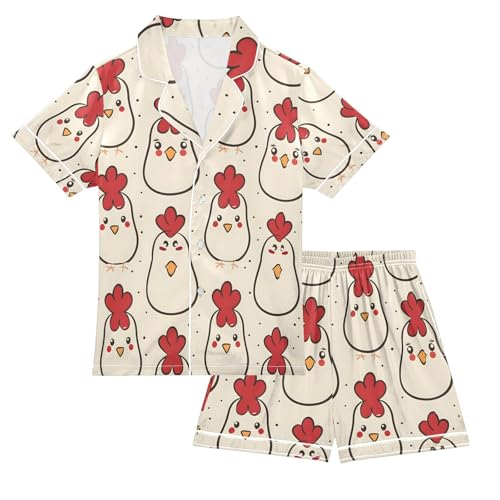 ALAZA Cute Red Chicken Pajamas Satin Pajama Set Short Sleeve Button Down Sleepwear