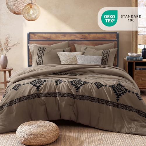 Image of MaiReve Embroidery Queen Comforter Set 7 Pieces Taupe Grey Bed in a Bag