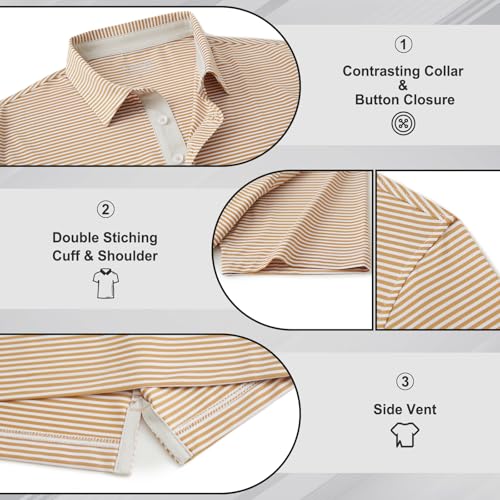 Image of Golf Shirts for Men - Dry Fit Moisture Wicking Short Sleeve Performance Sport Casual Striped Collared Mens Polo Shirt