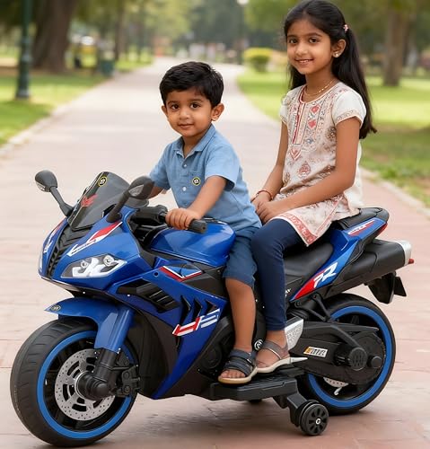 Image of Wishmaster Kids Battery Operated Ride-On Super Bike | Electric Rechargeable Bike for Boys & Girls 2-8 Years | Lights, Music, Training Wheels, | 100% Ready to Use Assembled (Thunderbolt Blue)