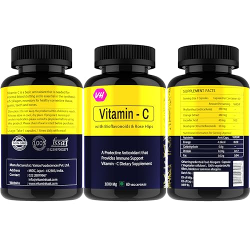 Image of Vitamin C Capsules for Immunity & Antioxidant Support by VitaminHaat (Vitamin C with Bioflavonoids-60 Caps)