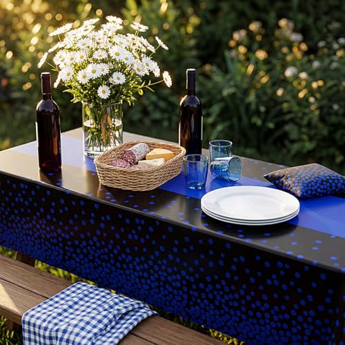 Image of Oudain 6 Pcs Blue and Black Tablecloth for Parties Plastic Dot Tablecloths Printed Table Runner Waterproof Disposable Rectangle Table Cover for Christmas Birthday Wedding Party, 54 inch x 108 inch