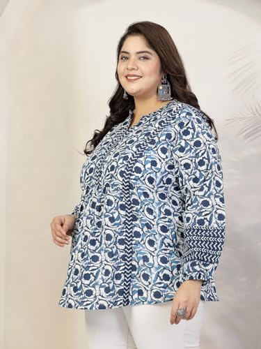 Image of Stylum Women's Plus Size Blue Floral Printed Pure Cotton Top | Plus Size Tops for Women Short Kurti