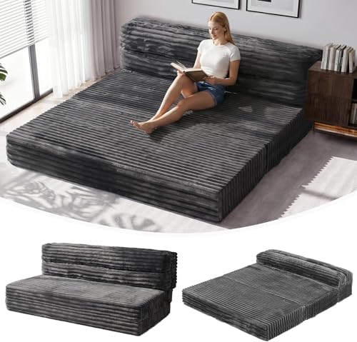Image of Erament Tri-Fold Futon Sofa Bed, 6 Inch Foldable Floor Couch, High-Density Foam Convertible Sleeper Sofa with Removable Washable Corduroy Cover, Portable Floor Mattress for Living Room (Grey, Full)