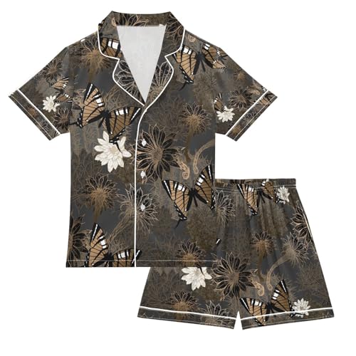 senya Cacti and Butterflies Satin Summer Pajama Sets Silk Short Sleeve Button Down Sleepwear