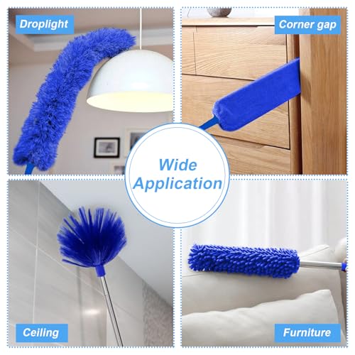 Image of Duster with Extension Pole - Blue | 5-in-1 Kit Dusters for Cleaning, Extendable Duster with 100 Inches, Microfiber Dusters for Ceiling Fans, Furniture, Blinds