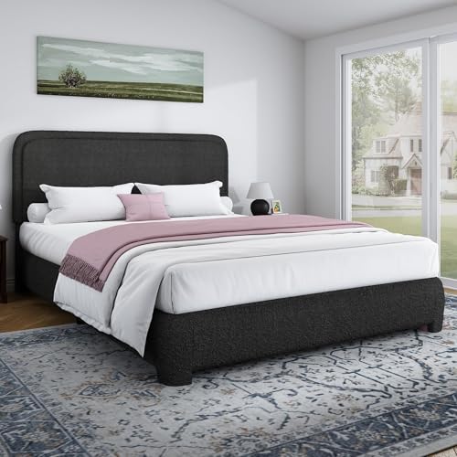 Image of BarnFurin Full Bed Frame, Cloud Boucle Headboard, Rounded Corners, Black | Soft boucle and rounded edges create a low-profile cloud look. Wooden slats support the mattress without a box spring