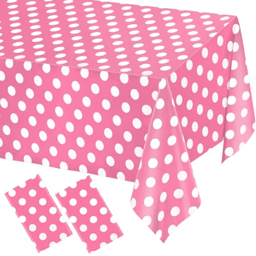 Image of WNINK 2 Pack Pink and White Polka Dot Tablecloths - Pink Disposable Plastic Waterproof Table Cover, 54 inch x 108 inch, for Birthday, Wedding, Bridal Shower, Bachelor, Pink Girl Party, and Picnic