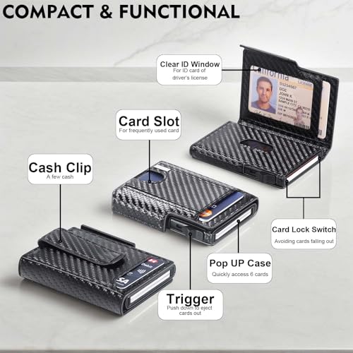 WXM Wallet for Men Pop Up Card Holder ID Window RFID Slim Wallet with Money Clip for 10-15 Cards Stretchable Credit Card Slot Magnetic Closure Compact Metal with Gift Box(Carbon Black)2