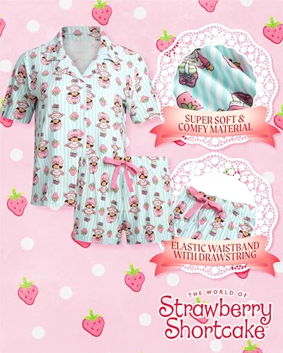 Image of COCO BRANDS Strawberry Shortcake Womens Pajama Set - 2 Piece Short Sleeve Button Down Sleep Shirt and Pajama Shorts