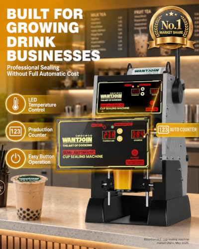 Image of WantJoin Cup Sealing Machine, Semi Automatic Commercial Boba Cup Sealer | Auto film alignment, 2 second sealing, LED temperature control, Fits 90 mm & 95 mm cups Bubble for Tea Coffee Smoothies