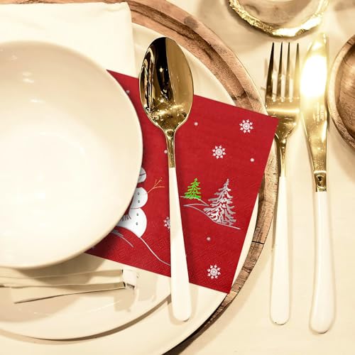 Quera 50 Pack Christmas Paper Napkins Snowman Red Silver Foil Disposable Beverage Napkins Decorative Table Napkin for New Year Winter Dinner Merry Christmas Holiday Xmas Party Supplies, 6.5 "x 6.5" – Image 8
