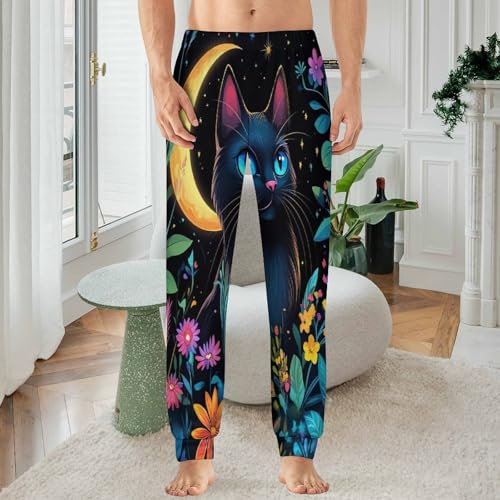 Black Cat With Flowers Men's Pajamas Pants Lightweight Sleep Lounge Pant Pjs Bottoms Casual Sleepwear2
