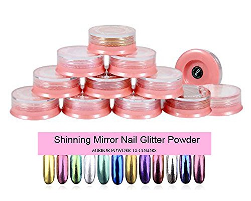 Mirror Nail Powder, LilyAngel Shinning Metallic Nail Art Chrome Holographic Pigment With Sponge Stick 12pcs/set