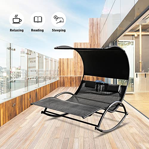 Fadidio Double Chaise Lounge Bed 2-Person Zero Gravity Rocking Bed Outdoor, Portable Double Rocking Loveseat Bed W/Sunshade Removable Pillows Wheels All-Weather, Black #TOP6