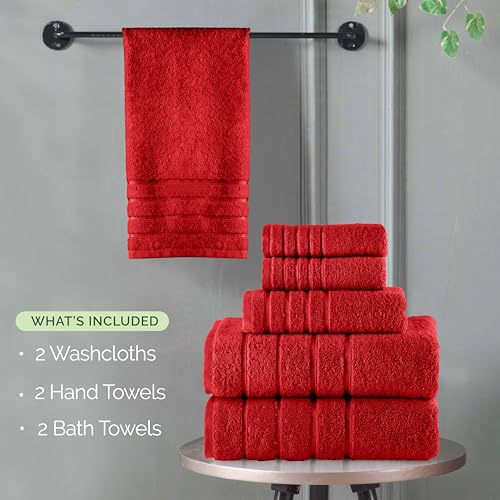 Image of Elegant Comfort 4 Lines Viscose Stripe 6-Piece Premium Towel Set - 100% Turkish Cotton High Absorbent Luxury Bathroom Towels - Includes 2 Washcloths, 2 Hand Towels and 2 Bath Towels Set, Red