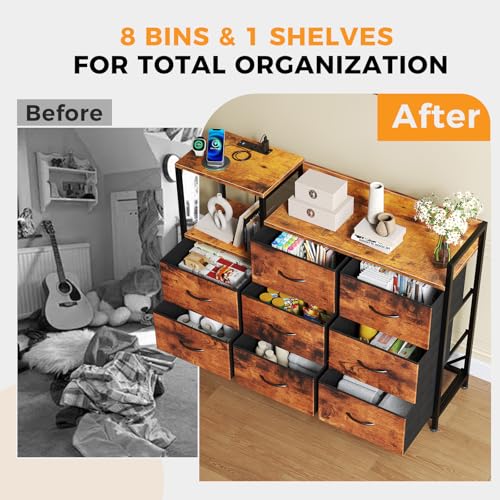 Image of NEWBULIG Dresser TV Stand with 8 Fabric Drawers and 1 Shelf, Wooden Top TV Media Console Table for Up to 45 inch, Entertainment Center with Charging Station for Living Room Bedroom, Rustic Brown