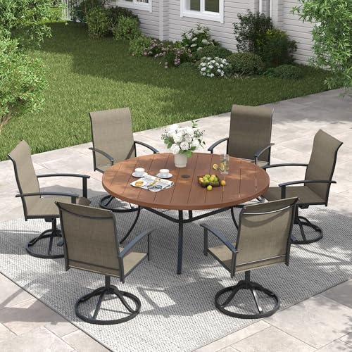 Image of VICLLAX 50 inch Outdoor Round Patio Table with Umbrella Hole, All Weather Metal Round Outdoor Dining Table for Lawn Garden, 6-8 Person Table, Walnut Wood Grain