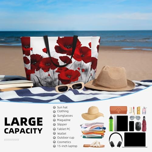 Red Poppy Flower Print Large Capacity Beach Tote Bag for Women, Waterproof Beach Travel Bag4