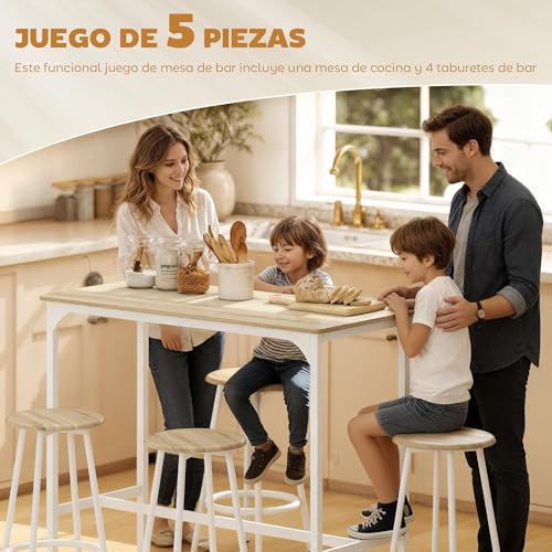Miniatura 3 de Homcom Conjunto Mesa Alta De Cocina Con 4 Taburetes, Mesa De Bar Alta, Ahorro De Espacio, Para Pisos Pequeños, Comedor, Balcón O Isla Cocina 110x50x89,5 Cm, Natural Y Blanco