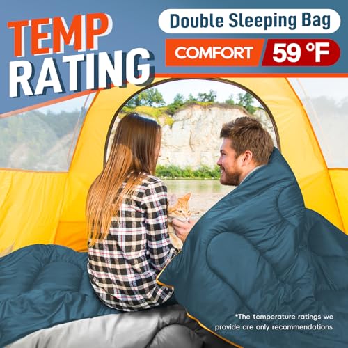 Image of MEREZA Double Sleeping Bag for Adults Mens with Pillow, XL Queen Size Two Person Sleeping Bag for All Season Camping Hiking Backpacking 2 Person Sleeping Bags for Cold Weather & Warm