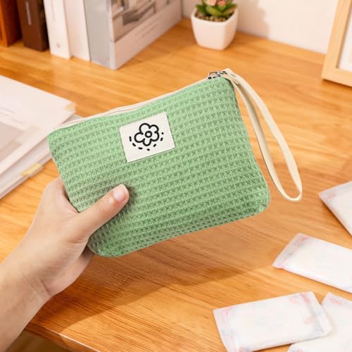 Image of Waffle Canvas Period Pouch First Period Kit Bag Small Discreet Menstrual Cup Pad Pouch Cute Sanitary Napkin Storage Bag Tampon Holder Multi-purpose Feminine Bag Green