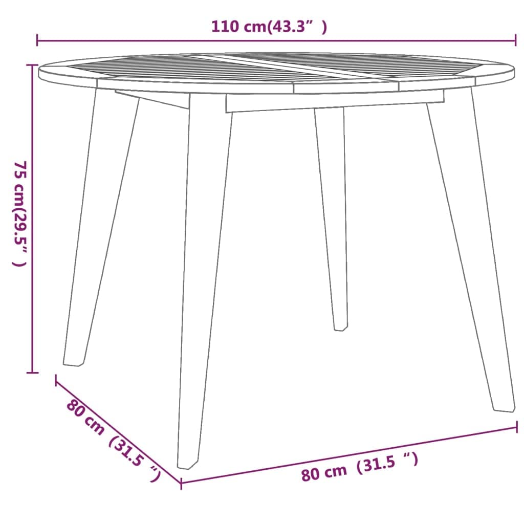 Okrągły stół ogrodowy, lite drewno akacjowe, Ø 110 x 75 cm, stabilny drewniany stół z listewkami i ukośnymi nogami, do użytku na zewnątrz