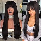 Maycaur Black Synthetic Hair Wigs with Full Bangs Long Straight Women's Wig Heat Resistant Synthetic No Lace Wigs for Fashion Women