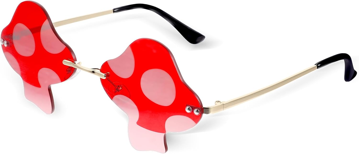 Mushroom Shaped Sunglasses Vintage Rimless Sun Glasses Classic Eyeglasses Irregular Rimless Eyewear Christmas Costumes Glasses for Women Men Party Prom Cosplay Rave Accessories Halloween