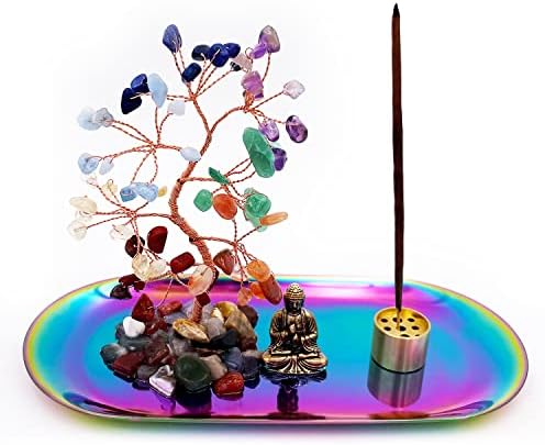 Incense Stick Holder with Buddha Statue, Healing Crystal Tree and Stainless Steel Ash Tray for Aromatherapy, Home Decoration, Zen Meditation, Yoga