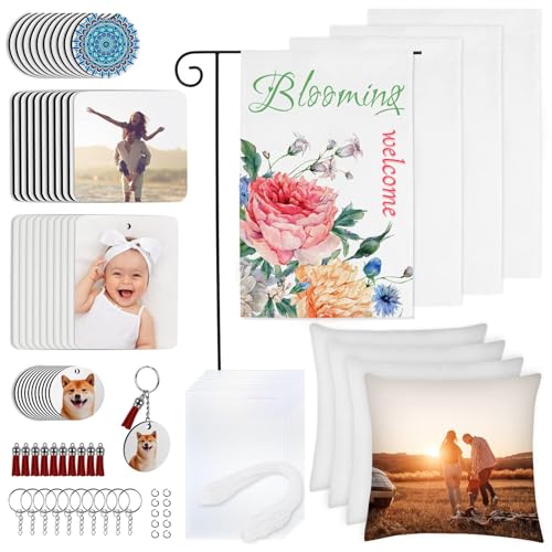 Ainiv 89PCS Sublimation Blanks Products Set, Sublimation Blank Car Coaster, Keychain with Tassel, Pillow Covers, Garden Flags, Air Freshener Sheets for Sublimation Transfer Heat Press Printing Crafts